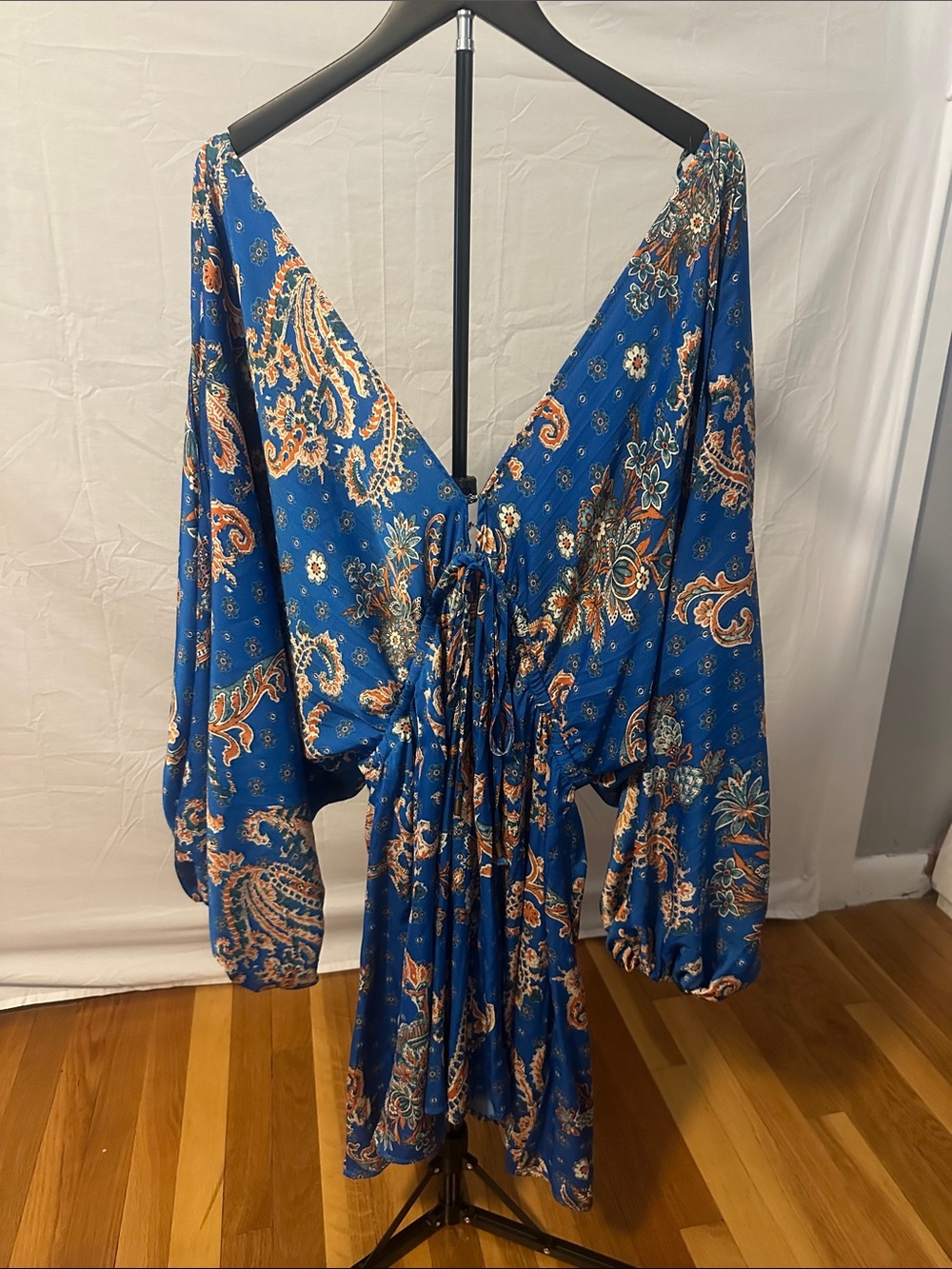 Free People Blue Paisley Mini Dress with Tie Back